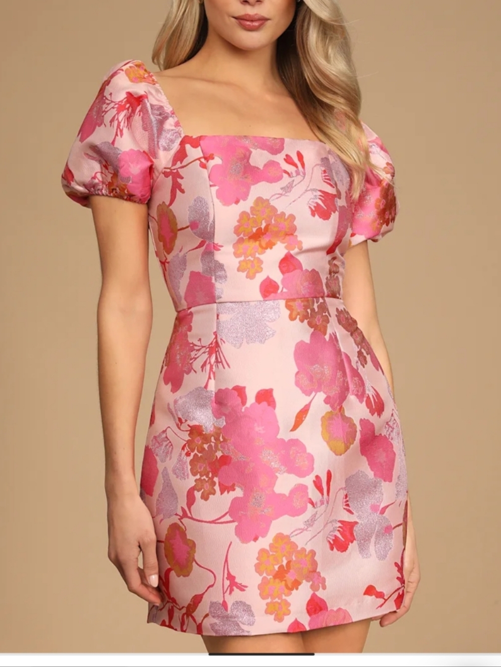 So Stunning Light Pink Floral Jacquard Puff Sleeve Mini Dress